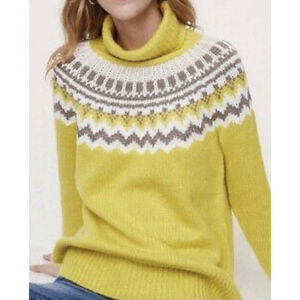 LOFT Fair Isle Print Turtleneck Knit Mohair Wool Blend Sweater MED Yellow Preppy